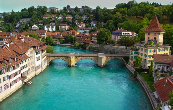 The sky, landscape, mountains, bridge, river, home, Switzerland, Bern