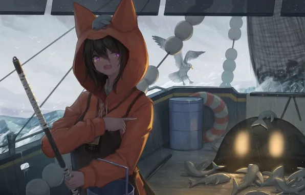 Sea, girl, ship, fish, Seagull, ears, crying