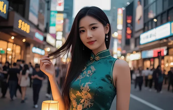Girl, the city, lamp, earrings, dress, hairstyle, Chinese, Asian