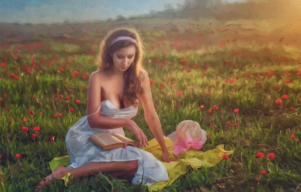Girl, flowers, mood, meadow, art, book, Evgeny Loza