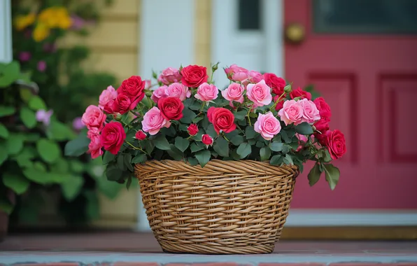 Flowers, house, roses, bouquet, door, red, pink, basket