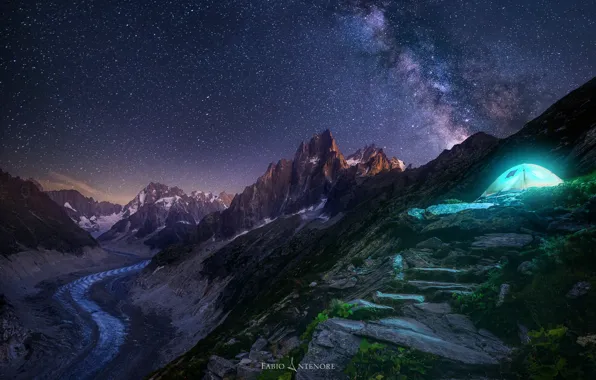 Picture the sky, stars, light, mountains, night, rocks, tent, the milky way