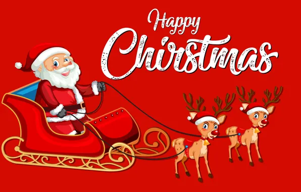 Smile, Christmas, New year, Santa Claus, Deer, Happy Christmas, Sleigh, Red background