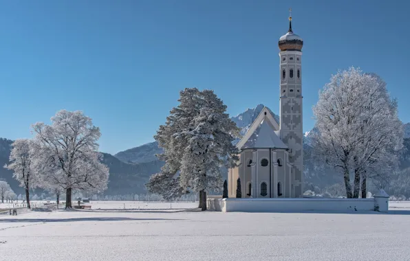 Winter, trees, mountains, Germany, Bayern, Alps, Church, Germany