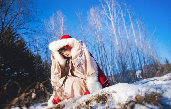 Sky, Beautiful, Asian, Model, Snow, Woman, Ice, Trees