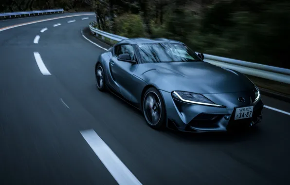 Road, asphalt, night, coupe, speed, blur, the fence, Toyota