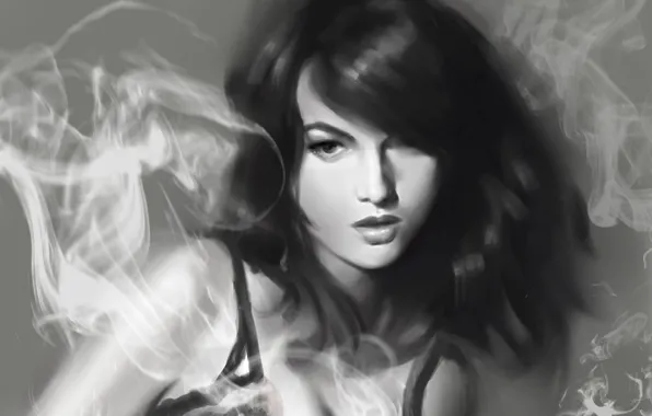 Picture girl, smoke, figure, art, black and white, monochrome