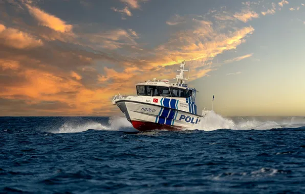 Sea, sunset, police, boat