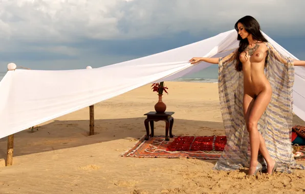 Beach, chest, girl, naked, brunette, Sila Sahin