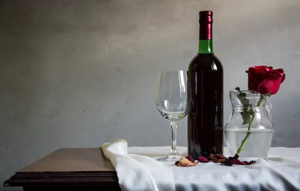 Flowers, wine, roses, petals, red rose