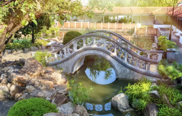 The sun, bridge, pond, stones, China, Hong Kong, China, bridges