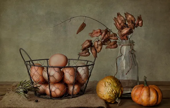 Autumn, bottle, eggs, bouquet, pumpkin, still life, basket, burlap