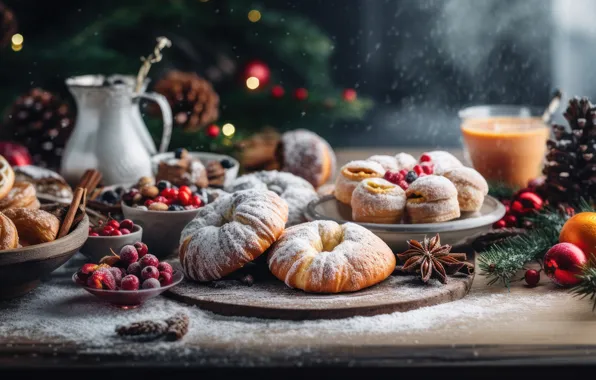 Winter, balls, snow, branches, lights, glass, berries, table