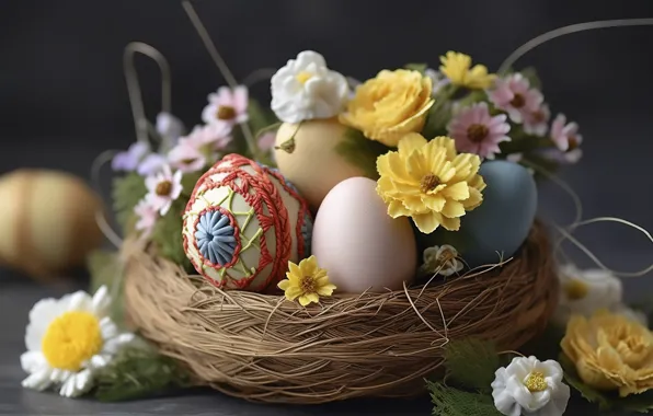 Flowers, table, holiday, egg, eggs, bouquet, spring, Easter