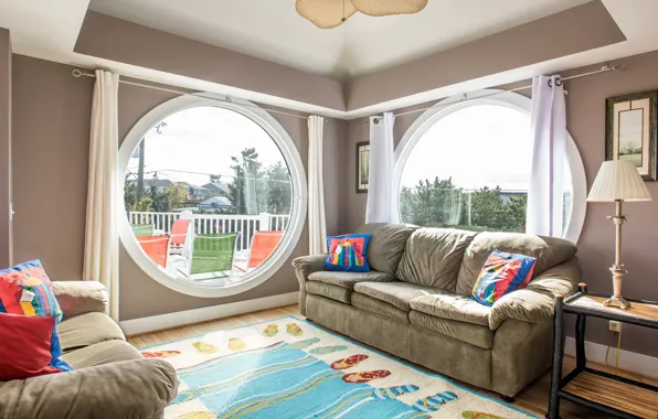 Room, interior, sofas, terrace, living room, Delaware, Delaware, round windows
