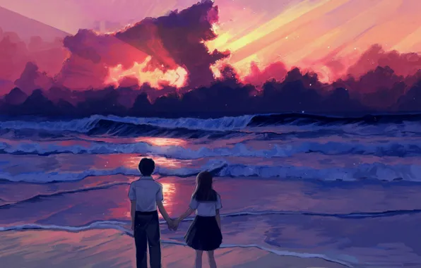 Sea, the sky, love, sunset, students