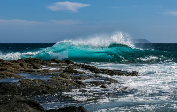 Wallpaper shore, blue, sea, wave, the sky, stones