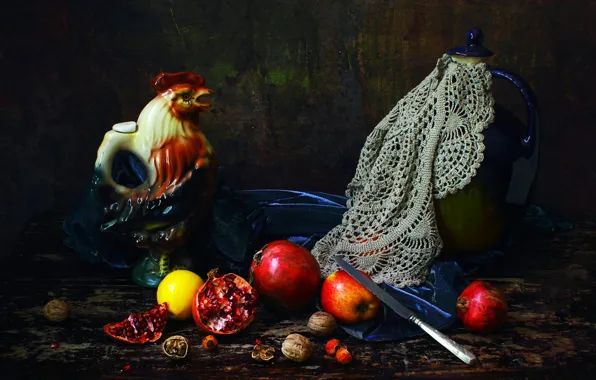 Lemon, pitcher, still life, items, grenades, composition, cock