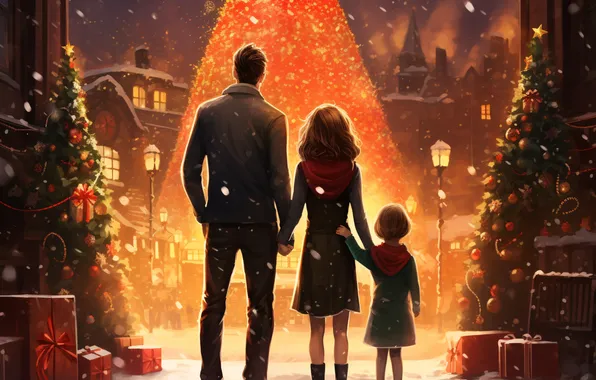 Picture Home, The evening, Girls, Christmas, Lights, New year, Tree, Male