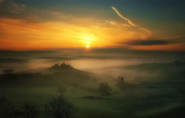 Fog, dawn, The sun, Sun, fog, sunrise, Tuscany, Tuscany