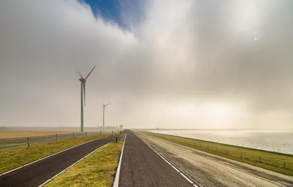 Picture road, sea, fog, morning, windmills