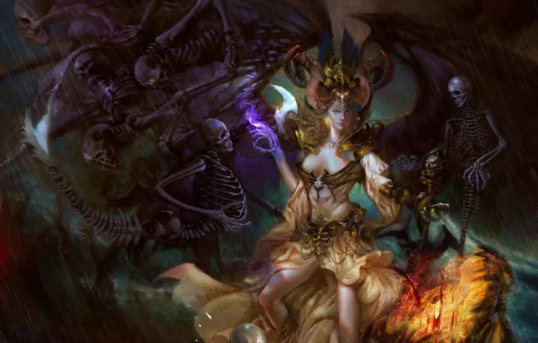 Girl, The demon, Demons, Art, Art, Fiction, Skeletons, Yajun Li