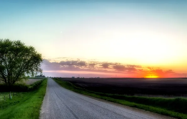 Picture road, field, sunset