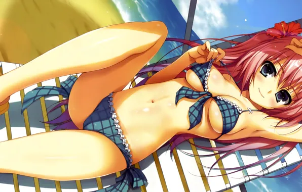 Girl, sexy, cleavage, beach, long hair, sea, boobs, anime