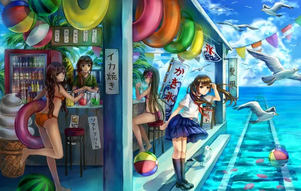 Swimsuit, summer, water, girls, the wind, the ball, seagulls, bar