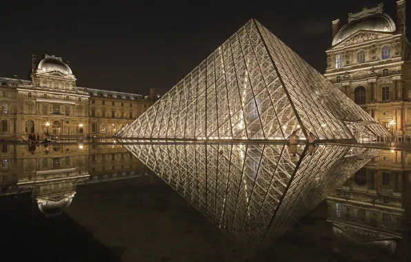 Picture night, lights, Paris, The Louvre, pyramid