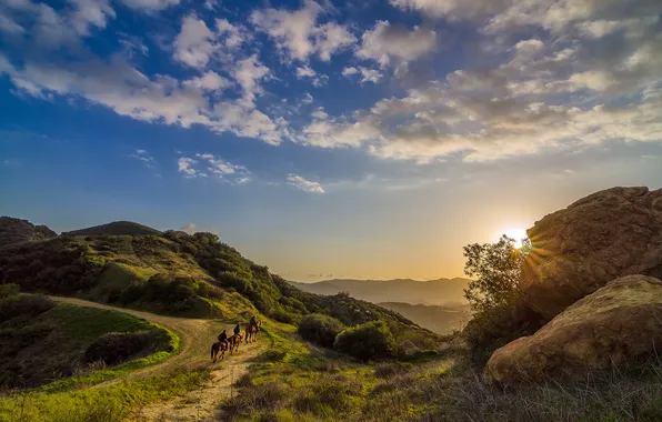 The sky, landscape, sunset, nature, riders, cowboys, California, Topanga
