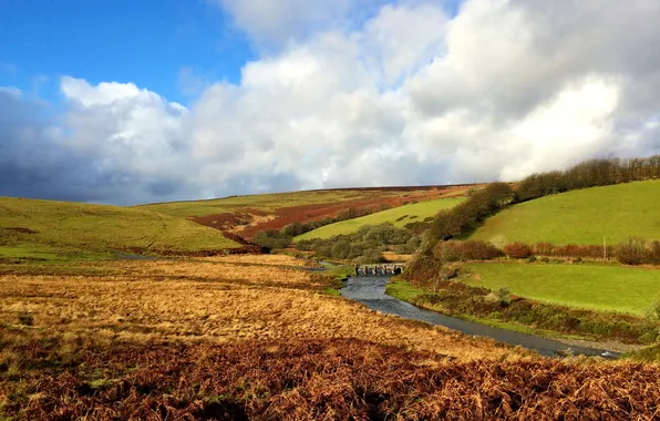 The sky, clouds, bridge, stream, landscape, field, UK, meadows