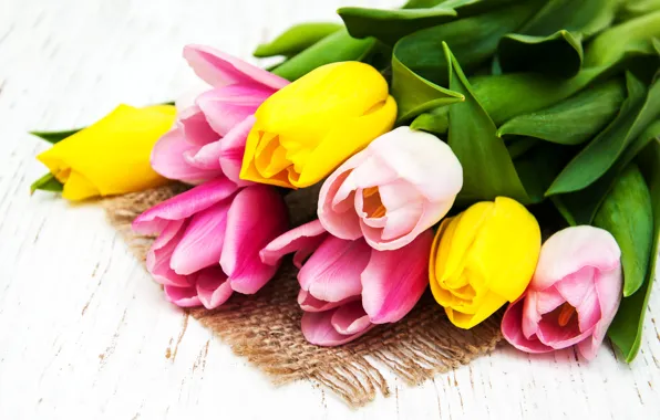Table, bouquet, yellow, tulips, pink, wood, Olena Rudo