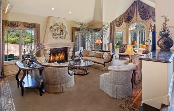 Design, house, table, room, sofa, furniture, Windows, fireplace