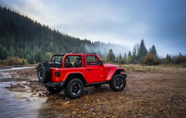 Red, stones, shore, 2018, Jeep, spare wheel, Wrangler Rubicon