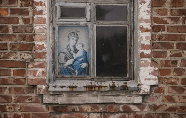 Picture House, Window, Icon, Virgin, Abandoned house, Eastern Ukraine, An abandoned house near Avdiivka, Tension