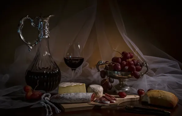 The dark background, table, wine, glass, cheese, bread, grapes, bunch