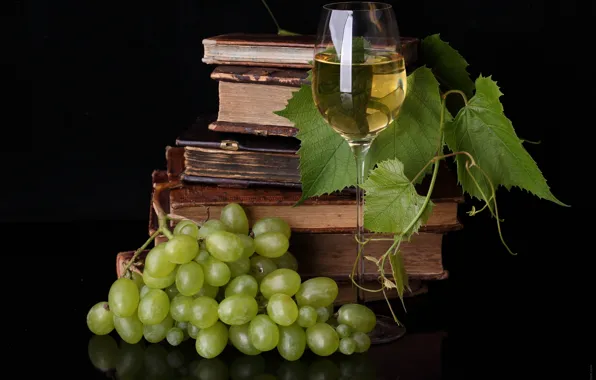 Picture table, wine, glass, books, grapes, Liana, food for thought