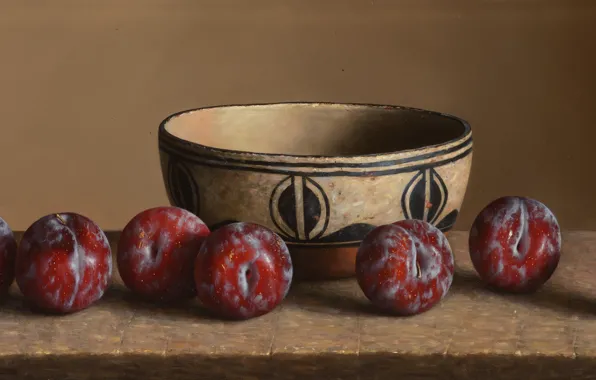 Picture bowl, plate, drain, Still life, Plums, William Acheff, Indian still life