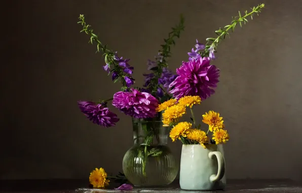 Flowers, table, bouquet, yellow, mug, vase, pink, still life