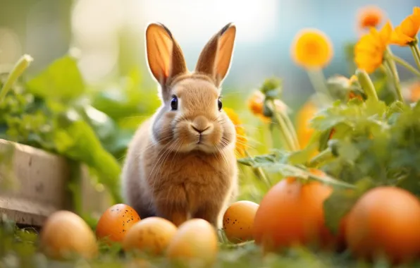 Look, light, flowers, nature, holiday, glade, hare, eggs