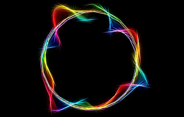 Picture abstraction, black background, rays of light, glowing lines, neon sphere