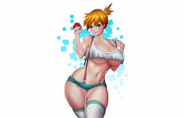 Girl, sexy, Misty, cleavage, shorts, blouse, thighhighs, erect nipples