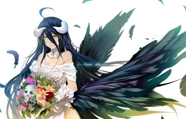 Picture girl, flowers, smile, bouquet, anime, art, horns, bba biao