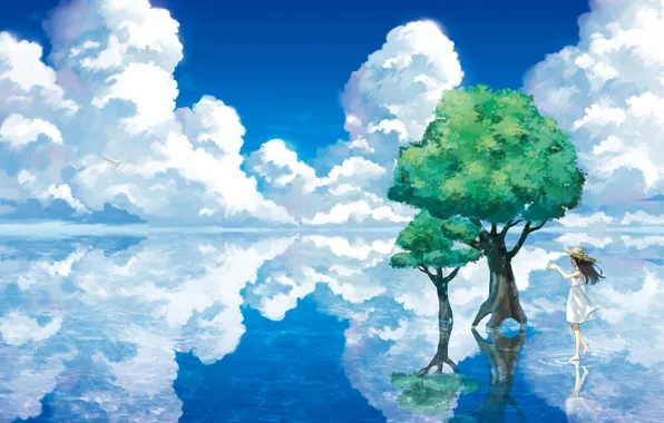 Water, clouds, trees, landscape, lake, reflection, hat, art