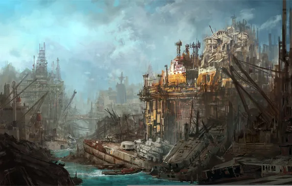 The city, ships, the skeleton, art, devastation, ruins, Doc