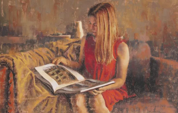 Girl, face, room, sofa, hair, figure, art, painting