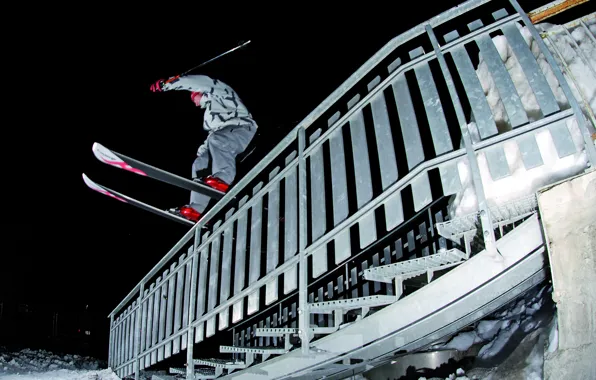 Night, winter, snow, ski, rail, freestyle