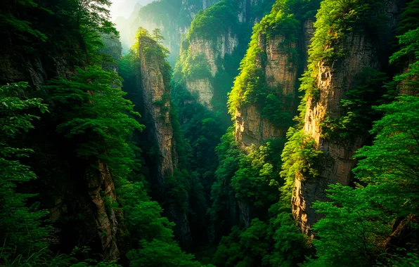 The sky, clouds, mountains, rocks, Wallpaper, valley, haze, the sun's rays