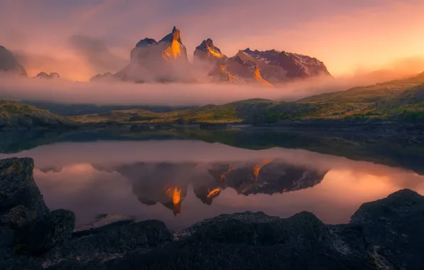 Picture mountains, fog, lake, morning, Andes, Patagonia